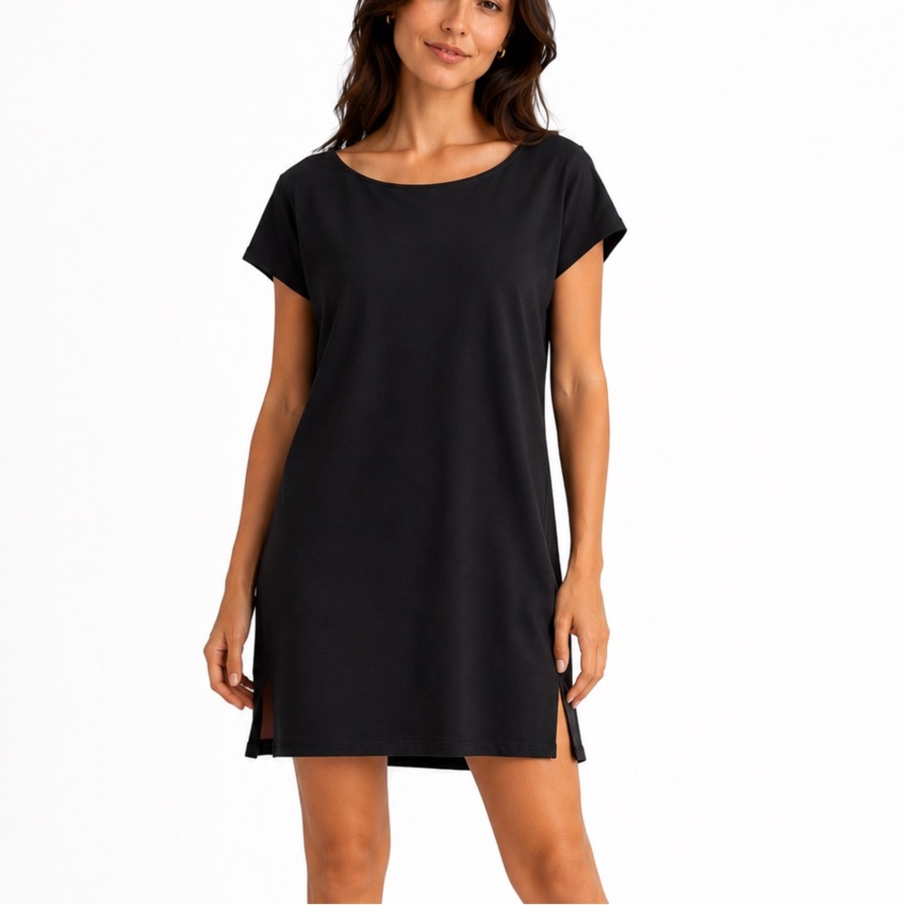 Eileen Fisher M Mini T-Shirt Jersey Dress Slits Sides Cap Sleeves Boat Neck